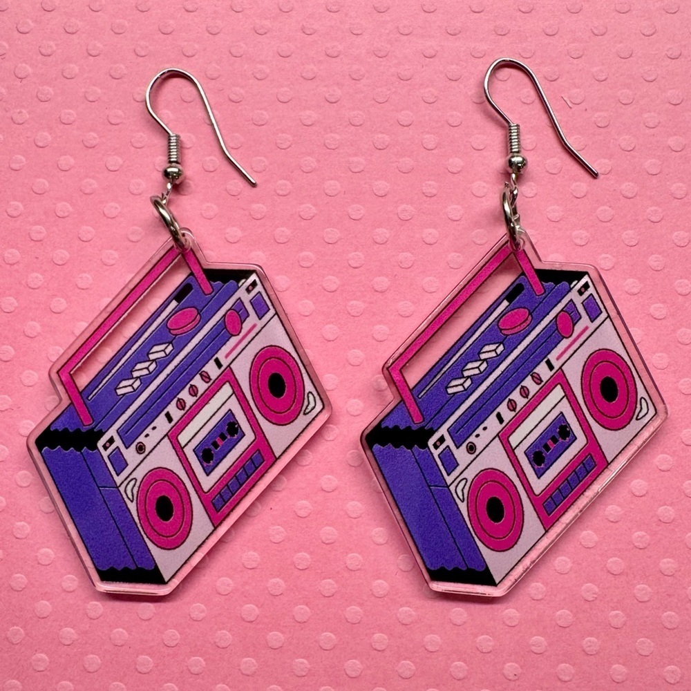 New Retro 80s 90s Style Acrylic Boombox Radio Cassette Player Earrings - 2.5”